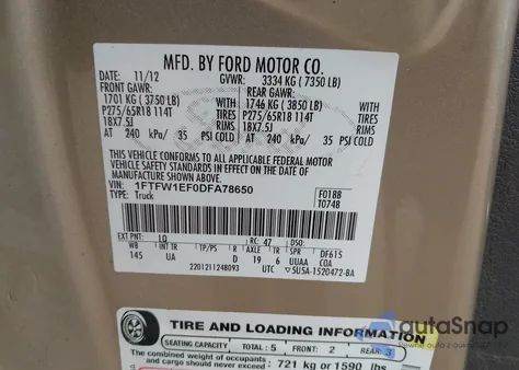 2013 Ford F-150 Xlt from USA, damaged, VIN 1FTFW1EF0DFA78650